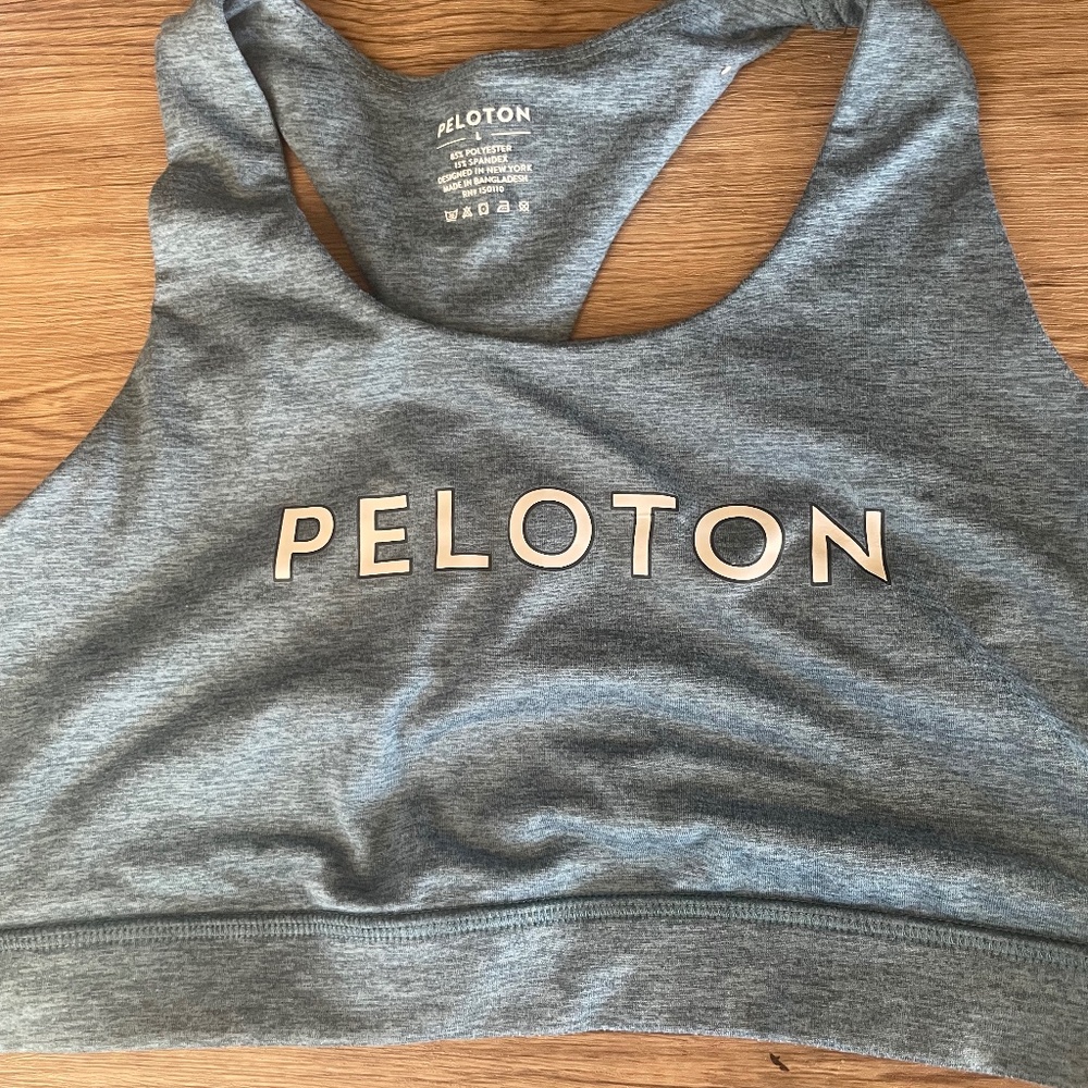 Peloton blue gray sports bra